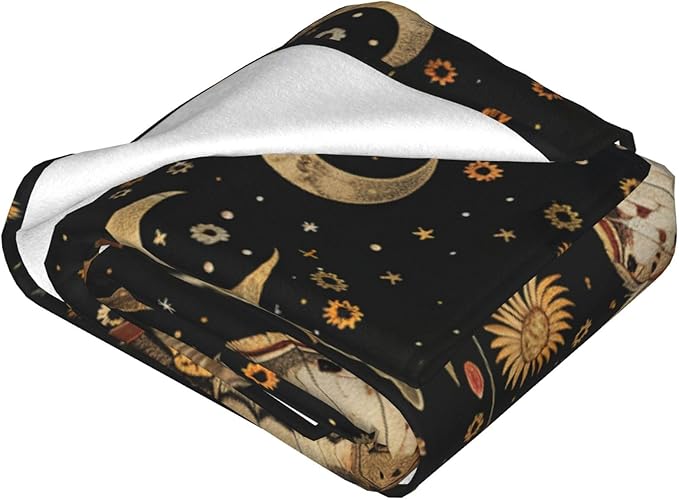 Moth Moon Blanket Witchy Vintage Butterfly Sunflower Decor Throw Blanket Comfy Plush Flannel Fleece Warm Soft Fuzzy Blanket Gothic Gifts for Girls Boys Women Teens for Room Bed Sofa Couch 60"X80"