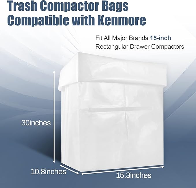 Upgraded 15-inch Heavy Duty Trash Compactor Bags, Compatible with Kenmore Compactor, Fits Kenmore and Other 15-inch Rectangular Drawer Compactors, pack of 60 Bags, White Plastic Trash Compactor Bags