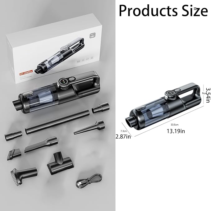 Car Vacuum Portable Cordless,17000Pa Handheld Air Duster Vacuum with 130W Brushless Motor,3 * 2000mAH Battery LED Light, Multi-Nozzles for Car, Home, Office, Pet