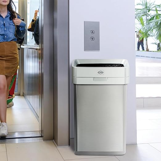 Clorox 13 Gallon Trash Can - 50L Slim Open Top Garbage Bin for Commercial Spaces, Kitchen, Office - Narrow Rectangular Stainless Steel Body with Hinged Rim Protection