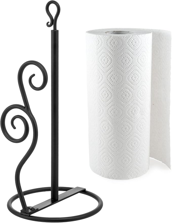 MyGift Rustic Burnt Solid Wood and Industrial Matte Black Metal Dining Combination Caddy with Paper Towel Roll Dispenser Stand, Napkin Holder, and Spice Rack (Matte Black Metal)