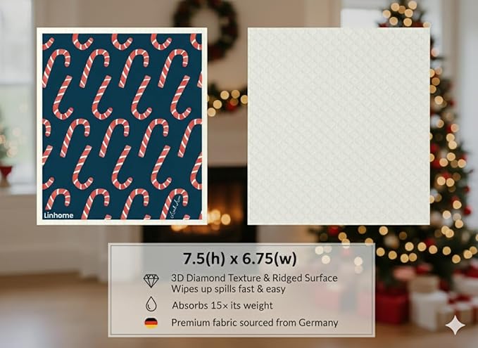 Christmas Holiday Swedish Dishcloth, Reusable Paper Towel, Super Absorbent Cellulose Sponge, Washable Kitchen Cleaning Cloth (Holiday Candy Cane - 1 Pack)