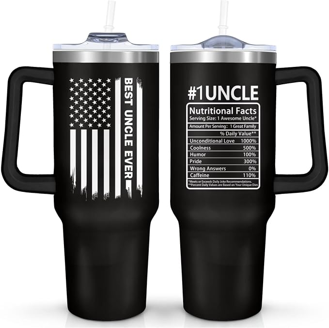 Ceovfoi 40 oz Uncle Tumbler with Handle Lid and Straw,Black Uncle Stainless Steel Cups Mug water Botter,Fathers Day Gift For Uncle From Niece, Nephew