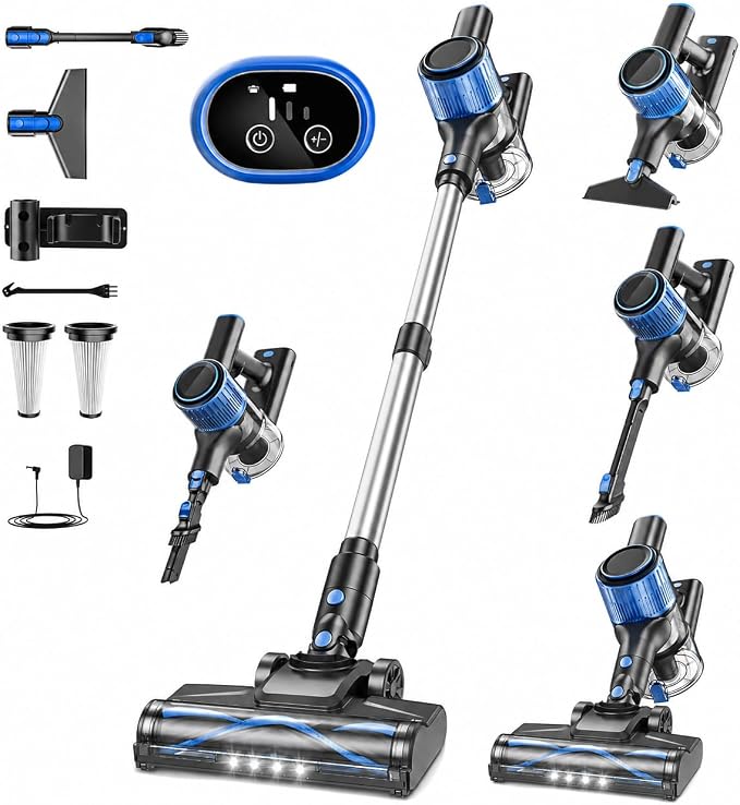 VOKENE Cordless Vacuum Cleaner, 8 in 1 Powerful Suction Lightweight Vacuum Cleaner for Home, LED Display, 3 Suction Modes, 45Mins Detachable Battery Vacuum for Hard Floor Carpet Pet Hair
