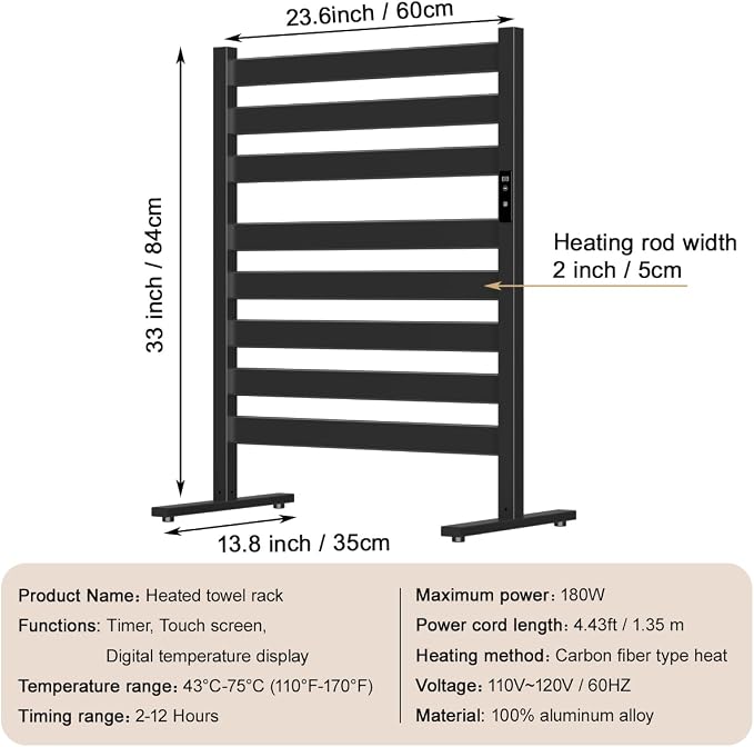 Verida Towel Warmer for Bathroom, Heated Towel Rack, Upgraded Extra-Wide Heating Area, Built-in Timer and Temperature Adjustment, Large Free-Standing Heated Towel Racks, Black 8 Bar Large