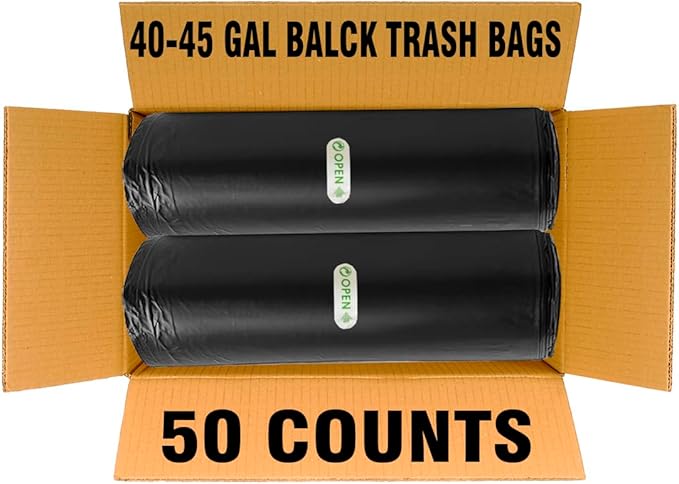 BEIDOU-PAC 40-45 Gallon Lawn & Leaf Trash Bags, 50 Count Bulk, Black Garbage bags, Multi-purpose Trash Can Bin Liners for Home Commercial, Outdoor, Construction, Industrial