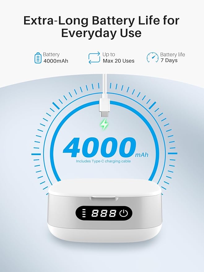 Voraiya Portable Ultrasonic Retainer Cleaner 4000mAh Rechargeable IPX6 Waterproof Retainer Cleaner Machine For Mouth Guard,Night Guard,Aligner,Small Denture Cleaning Pod For Teenagers,Adults,Travel