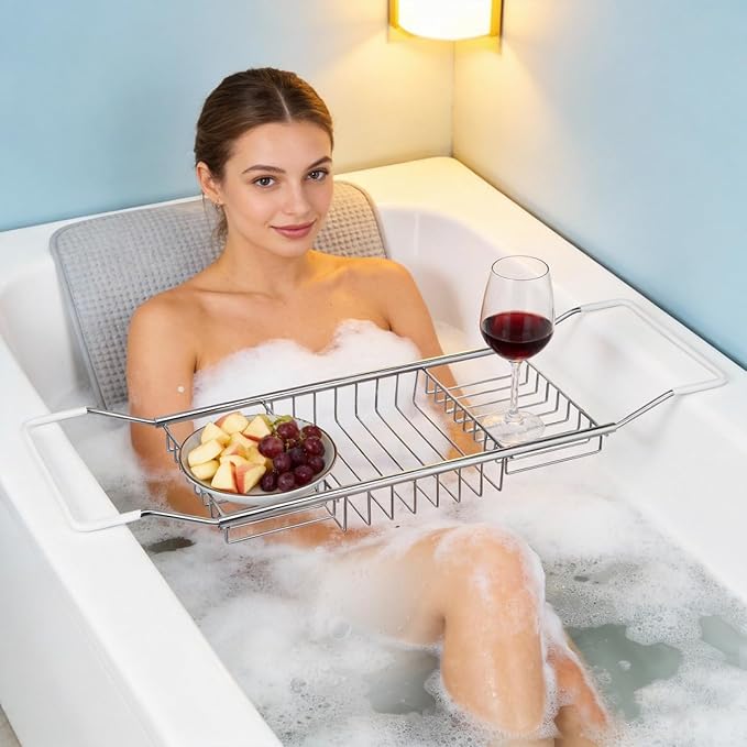 Cabilock Bathtub Tray - Stainless Steel Bathtub Caddy, Expandable Extra Wide Bath Tub Organizer, Rust-Resistant Over The Tub Shelf Rack with Non-Slip Grips for Phone Book Wine Glass, Silver