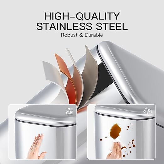 GlowSol Bathroom Trash Can with Lid, 1.3 Gallon 12 L Stainless Steel Step Trash Can with Removable Liner Bucket, Slim Small Wastebasket for Toilet Bedroom Office, Silver
