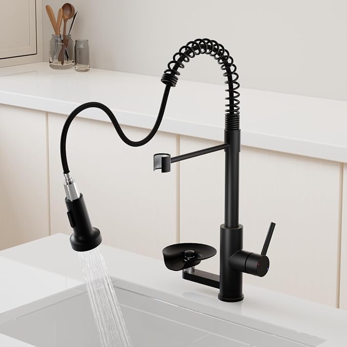 Kitchen Sink Pull Down Faucet with Cup Washer Single Handle Commercial Industrial Pull Out Spring Faucets with Glass Rinser fit 1 or 3 Hole for Farmhouse Camper Laundry Utility RV Wet Bar Matte Black