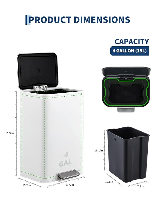 GarveeHome 4 Gallon Trash Can, Rectangular Stainless Steel Waste Bin with Quiet Foot Pedal, Soft-Close Lid & Removable Bucket, Space-Saving Design Garbage Can for Bedroom, Living Room, White
