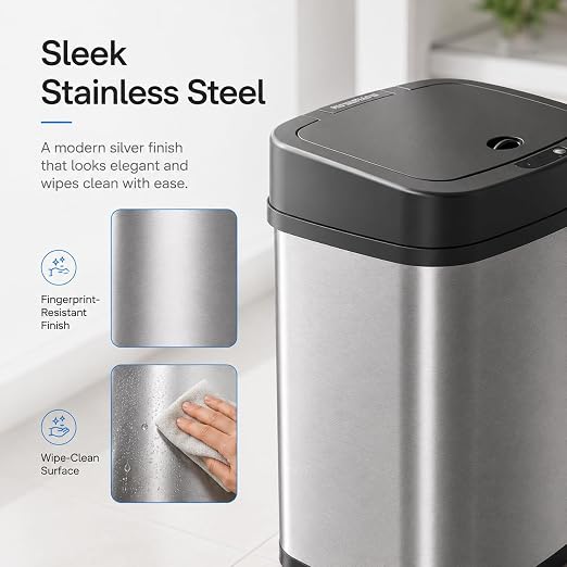 DZT-12-5 12L Stainless Steel Smart Waste Bin with Motion Sensor | Touchless Auto-Open Lid & Soft-Close for Bathroom, Kitchen & Office (Sliver)