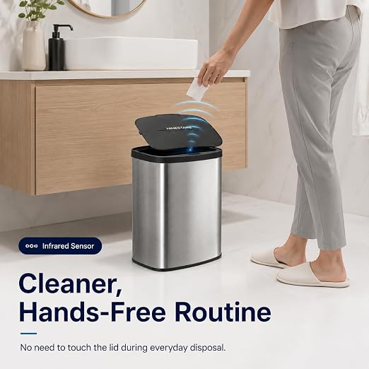 DZT-8-1 8L Stainless Steel Smart Trash Can with Motion Sensor | Touchless Auto-Open Lid | Compact Countertop Waste Bin for Bathroom, Kitchen & Office | Quiet Soft-Close | Battery Powered