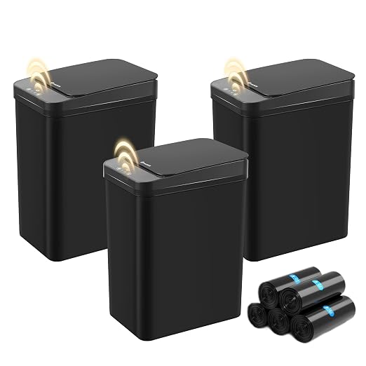 FRESHLIX Bathroom Trash Can, 2.6 Gallon Automatic Motion Sensor Touchless Garbage Can, Waterproof Trash Bin with Lid, Narrow Small Waste Bin for Kitchen, Office, Bedroom, Black, 3 Pack