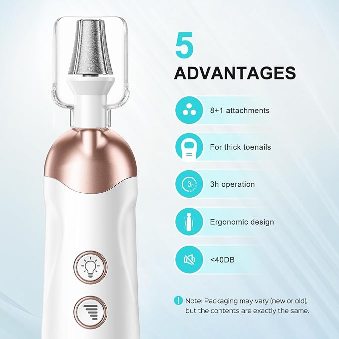 COSLUS C43 Professional Manicure Pedicure Kit, 5-in-1 Electric Nail File for Toenail Hand Feet, Basic & Thick Nails Care, Cordless, 5 Speeds, for Men Women Seniors Home Salon, Standard Grinder, White