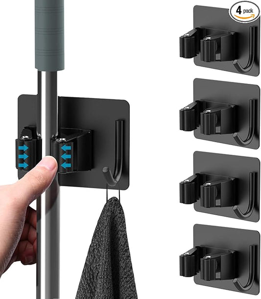 homeasy Mop Broom Holder No Drill, Mop Broom Organizer Wall Mounted Heavy Duty with Hooks Hanger, Self Adhesive Stainless Steel 4Pcs for Bathroom, Kitchen, Office (Black)