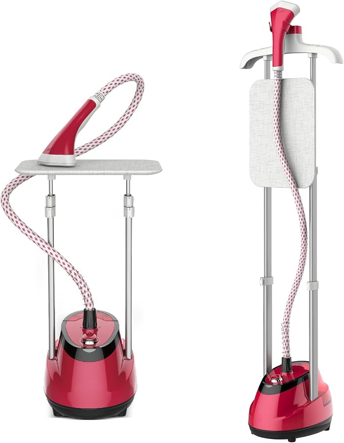 Upright Steamer for Clothes 1350W Turbo Boiler Standing Garment Steamer 1.6L Water Tank 1h Continuous Steam Flat&Hanging Ironing Double Retractable Rod 10 Modes 30s Fast Preheat for all Fabrics (RED)