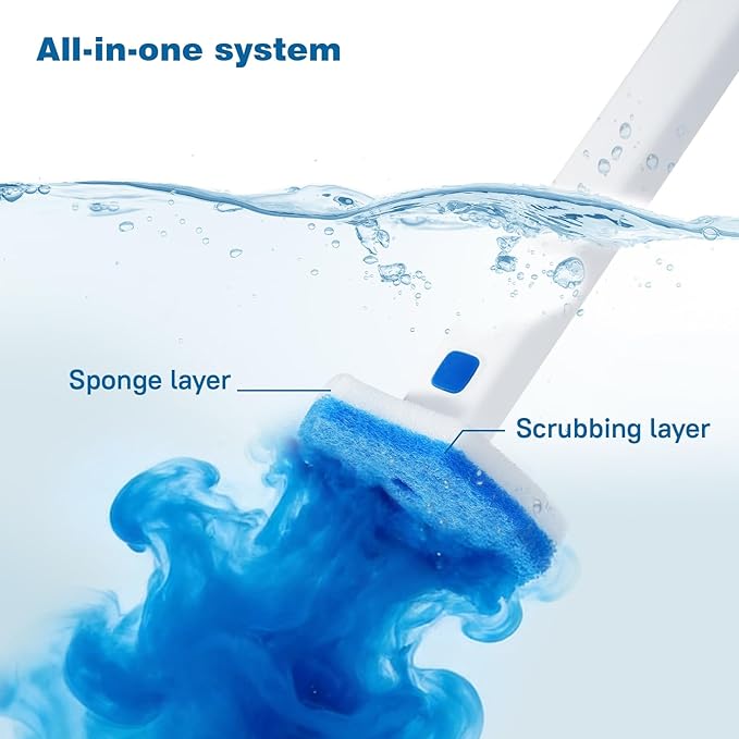 Disposable Toilet Brush Set with Holder, White and Blue, Includes 16 Cleaning Refills (1+16 Refills)