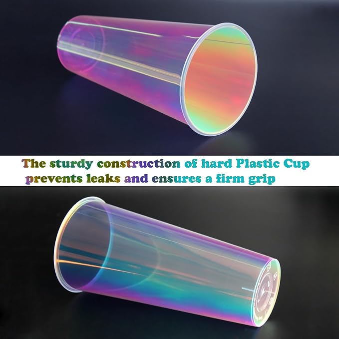 18 Pcs Iridescent Clear Plastic Cups 23oz Fancy Thick Neon Disposable Drinking Cups Cute Glitter Holographic Hard Plastic Cup for Party Decoration (Clear)