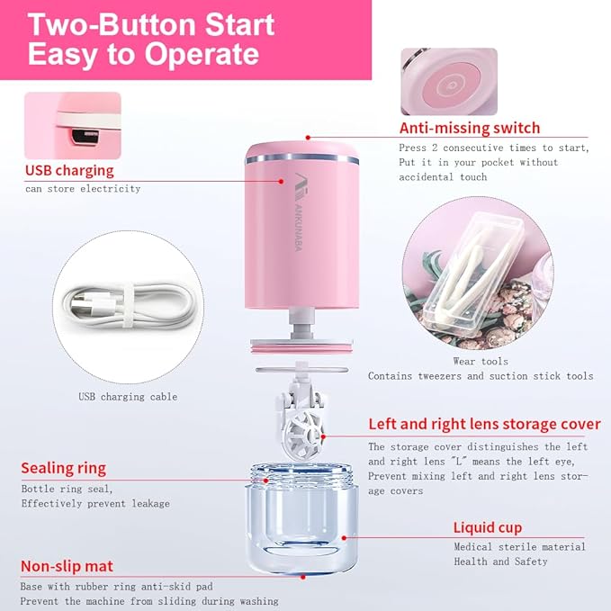 Contact Lens Cleaner, Portable Soft Contact Lens Cleaning Machine with USB Charger, Automatic Vibration Contact Lenses Cleaner Case for Traveling (Pink)