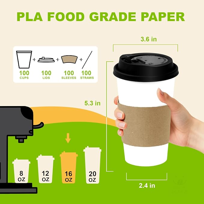 100 Pack 16 oz Disposable Coffee Cups with Lids and Sleeves, To Go Coffee Cups with Lids, Leak-Proof Hot Coffee Cups, PLA White Paper Coffee Cups for Hot Beverage