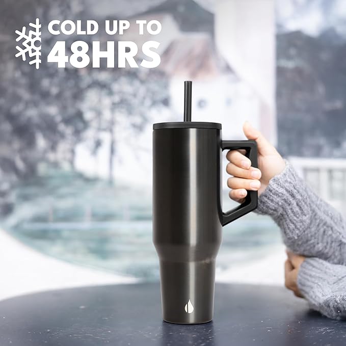 Elemental 40 oz Tumbler with Handle and Straw - Spill Proof Insulated Stainless Steel Commuter for Cold Beverages - Travel Coffee Mug with 2 Straws & Spill Proof Lid - 40oz- Gunmetal