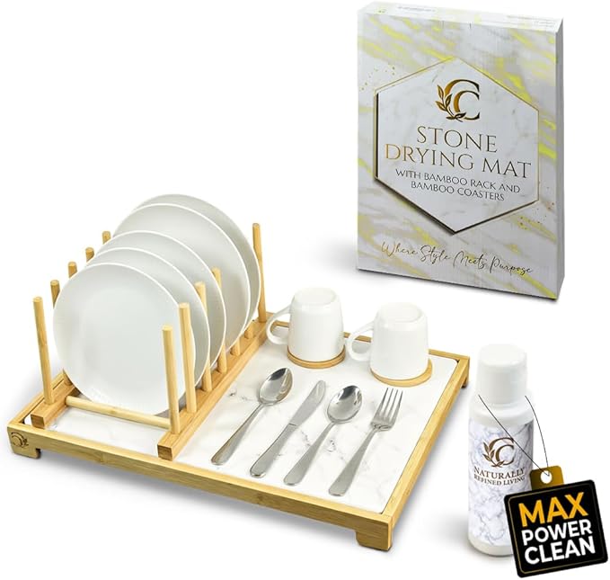 Premium Dish Drying Stone for Kitchen Counter 20” x 14” | Fast Absorbing Stone Drying Mat with Bamboo Dish Rack | Dish Drying Mat Plus Bamboo Set