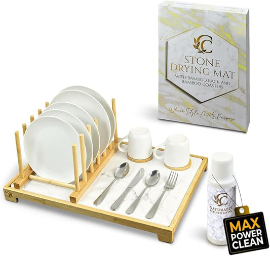 Premium Dish Drying Stone for Kitchen Counter 20” x 14” | Fast Absorbing Stone Drying Mat with Bamboo Dish Rack | Dish Drying Mat Plus Bamboo Set