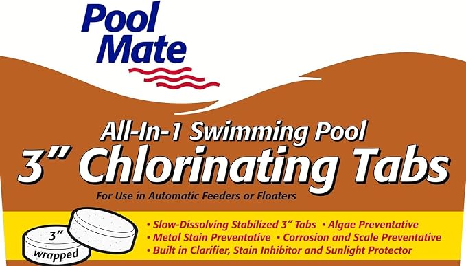 Pool Mate 15-Pounds All-In-1 Swimming Pool 3 Inch Chlorinating Tabs, Chlorine Tablets 3 Inch, Sanitizer, Clarifier, Stain Inhibitor, Algae Control, Descaler, Sunlight Protector All In One, Made In USA
