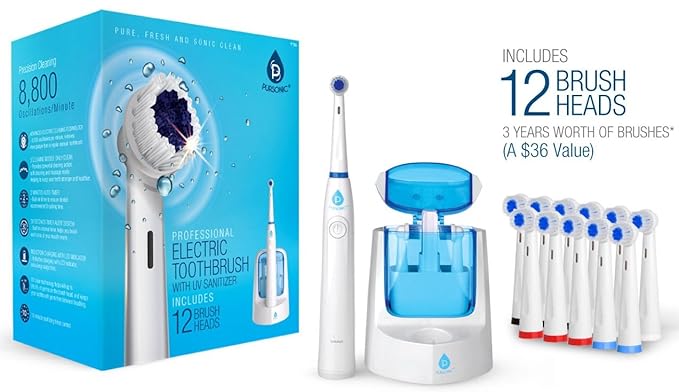 Pursonic RET200 Power Rechargeable Electric Toothbrush with UV Sanitizing Function, 12 Brush Heads Included