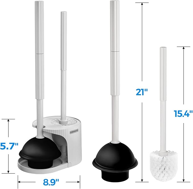 FORASTO 2Pack 2 in 1 Toilet Brush and Plunger Set, Extended Handle Plunger，Toilet Bowl Brush Plunger Set,Bathroom Cleaning Tools ，Toilet Brush Plunger Combo，Cleaning Supplies（Cream Grey）