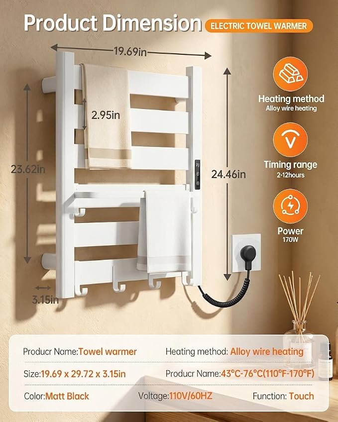 6-Bar Wall-Mounted Heated Towel Rack – Fast PTC Heating in 6 Minutes, Adjustable Temperature & Timer, Space Aluminum, Matte White, Large Capacity Blanket Warmer,Towel Warmer for Family Bathrooms