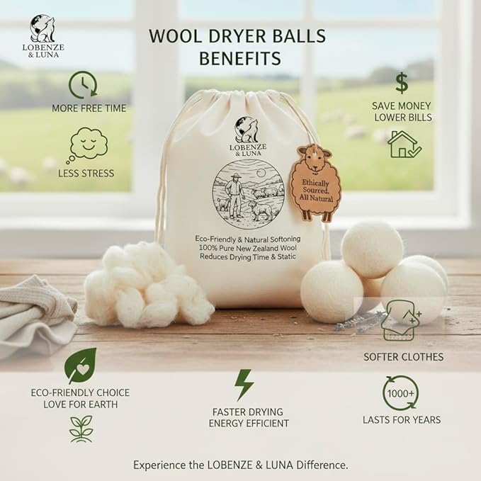 Lobenze & Luna Wool Dryer Balls, Pack of 6 XL, 100% Premium New Zealand Wool, Reusable Eco-Friendly Laundry Balls, Helps Reduce Wrinkles & Static, Helps Shorten Drying Time