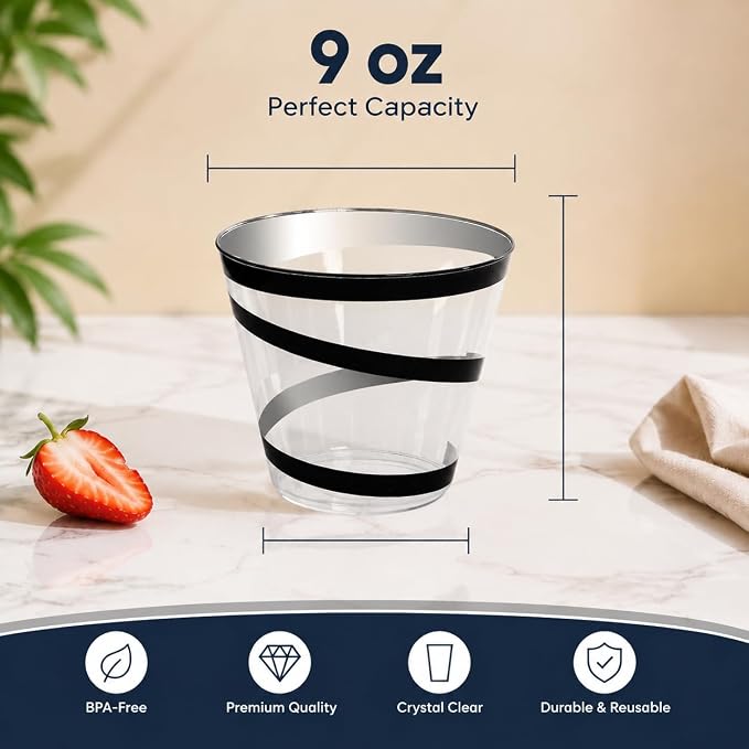 100 Pack 9 OZ Clear Plastic Cups with Gold Rim, Disposable Rimmed Swirl Cocktail Party Cup, Heavy Duty Elegant Wine Glasses, Drinking Tumbler for Weeding Christmas Single Party (Black, Gold)