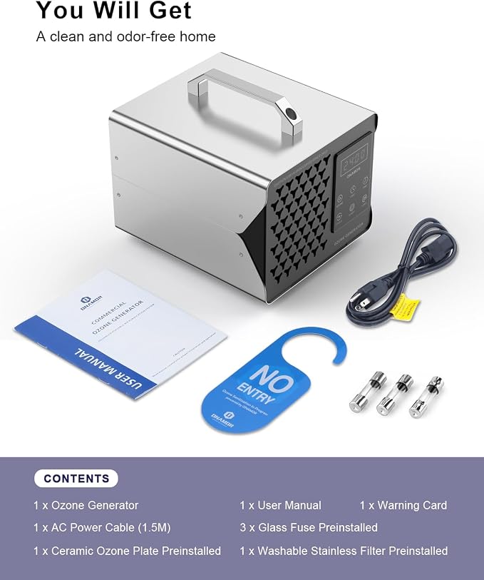 ONAMOR Digital Ozone Generator Odor Eliminator 180,000mg, High Capacity Ozone Machine Odor Removal Up to 8,000 Sq.Ft, Ozone Odor Eliminator, Ionizer Ozonator for Home, Car, Smoke, Pet Room (Sliver)