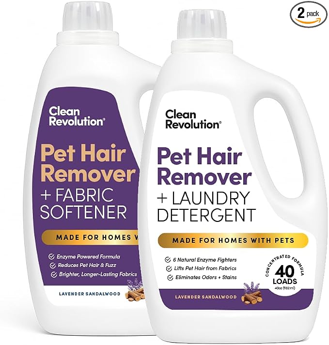 Clean Revolution Pet Hair Remover for Laundry 2-Pack – Removes Dog & Cat Hair Over Time – Enzyme Laundry Detergent & Fabric Softener, Odor Eliminator, Lavender Sandalwood, 40 oz Each