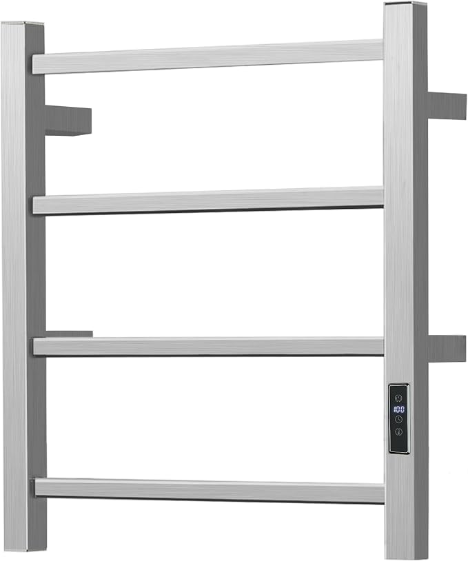 Electric Towel Rack Wall-Mounted Bathroom Heating Towel Warmer,Plug-in,Stainless Steel Material (Square Brushed with Timer, 4 Bar)