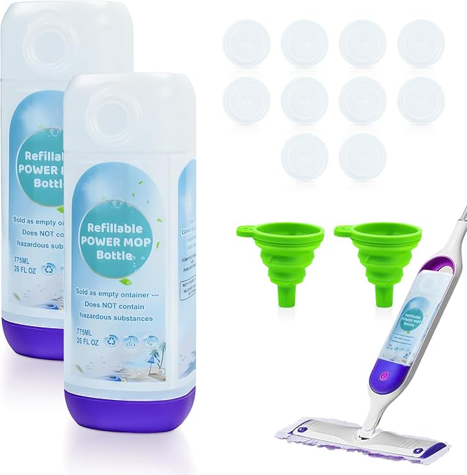 2 Pack Power Mop Refillable Bottle for Swiffer PowerMop, Empty Reusable Bottle for Power Mop, 26 FL OZ Leak-Proof HDPE Solution Container with 5 Silicone Gaskets & Folding Funnel