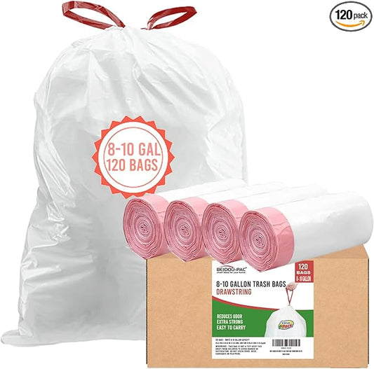 BEIDOU-PAC Trash Bags 8-10 Gallon Drawstring, 120 Count, Multifold Roll Garbage Bags, Large Kitchen Trash Bags, Odorless & Heavy Duty White Plastic Food Scrap Bags for Bathroom Bedroom Office Waste