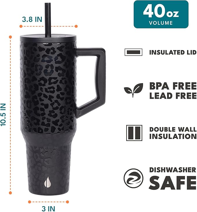 Elemental 40 oz Tumbler with Handle and Straw - Spill Proof Insulated Stainless Steel Commuter for Cold Beverages - Travel Coffee Mug with 2 Straws & Spill Proof Lid - 40oz - Black Leopard