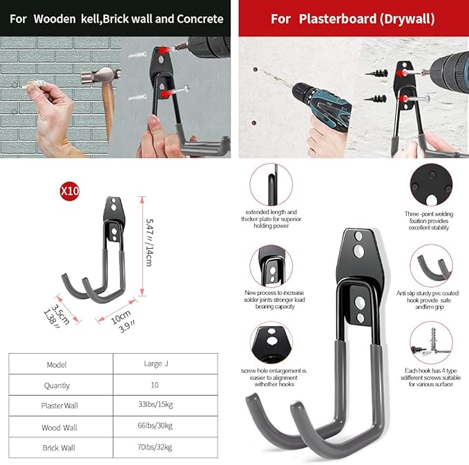 3-H Garage Wall Hooks 10 Pack,Garage Hooks Heavy Duty,Garage Storage Hooks for Hanging and Organizing Garden,Lawn,Yard Tools,Chairs,Ladders,Weed Eater,Shovel,Blower(Gray)