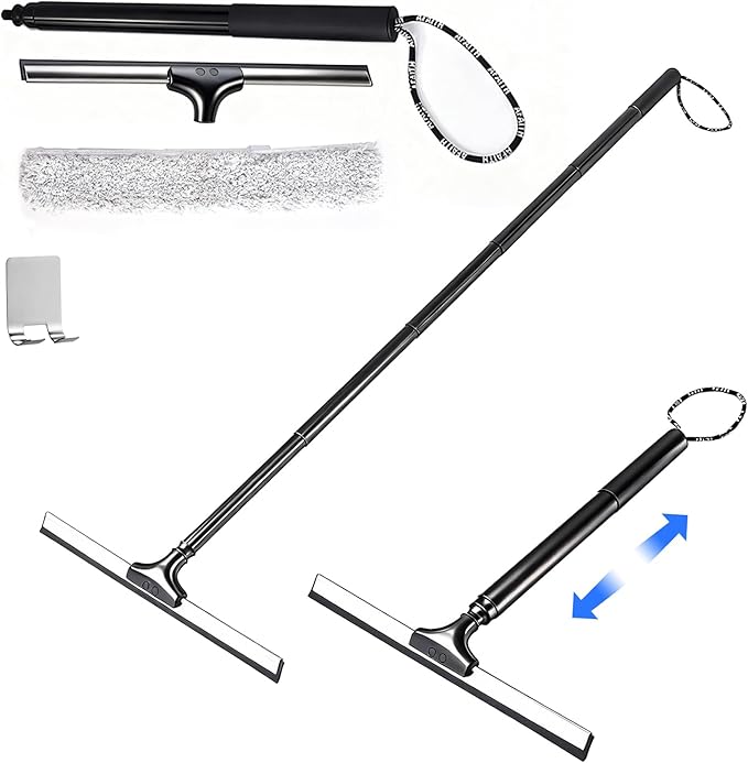 Tiiyee Window Squeegee for Home, 2 in 1 Window Washing kit with 57" Extension Pole Telescopic Shower Door Cleaner Tool Car Windshield Cleaning Long Handle for Glass Doors Floor Tile Wall 14 inch Wide