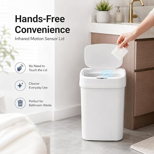 DZT-12-5S Smart Motion Sensor Trash Can 10.3 * 7.8 * 14.1inch | 0.3s Fast Opening, Auto Close & Touch-Free Operation for Home and Office (White)