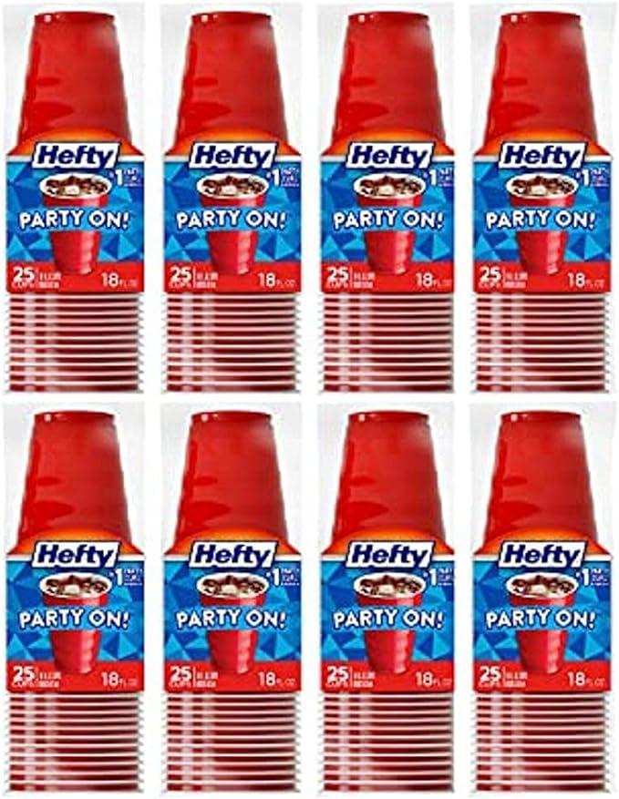 Hefty Party On Disposable Plastic Cups, Red, 18 Ounce, 8 packs of 25 Count