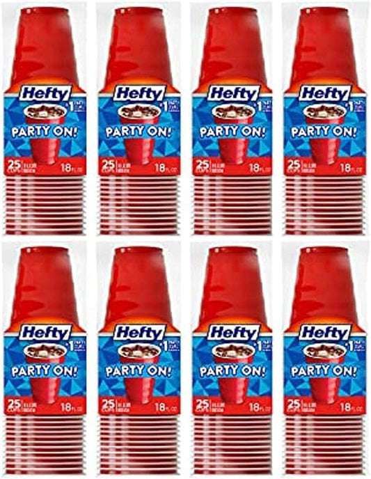 Hefty Party On Disposable Plastic Cups, Red, 18 Ounce, 8 packs of 25 Count