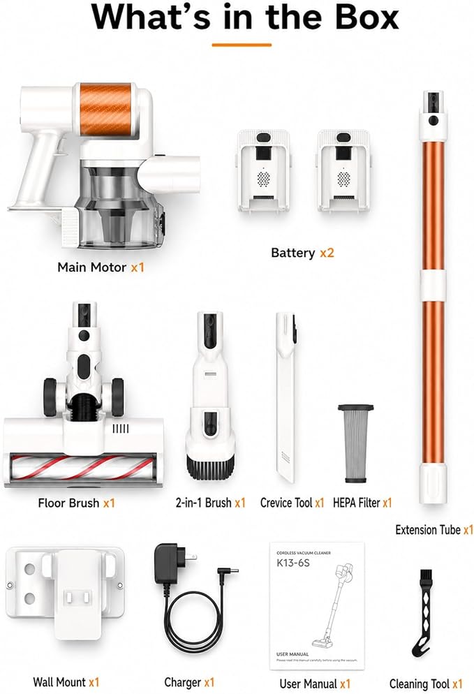 Cordless Vacuum Cleaner, 2 Batteries 110 Mins Runtime, 600W 50KPA Stick Vacuum with Self-Standing, Tangle-Free Brush, LED Display, Vacuum Cleaner for Home Hardwood Floor, Carpet, Pet Hair