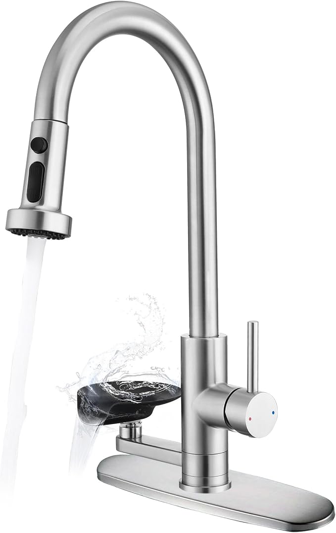 Kitchen Faucet with Glass Rinser, Pull Down Sink Faucet with 3 Spray Modes and High Pressure Glass Rinser, Single Hole 2 in 1 High Arc Stainless Steel Kitchen Faucets (Brushed Nickel)