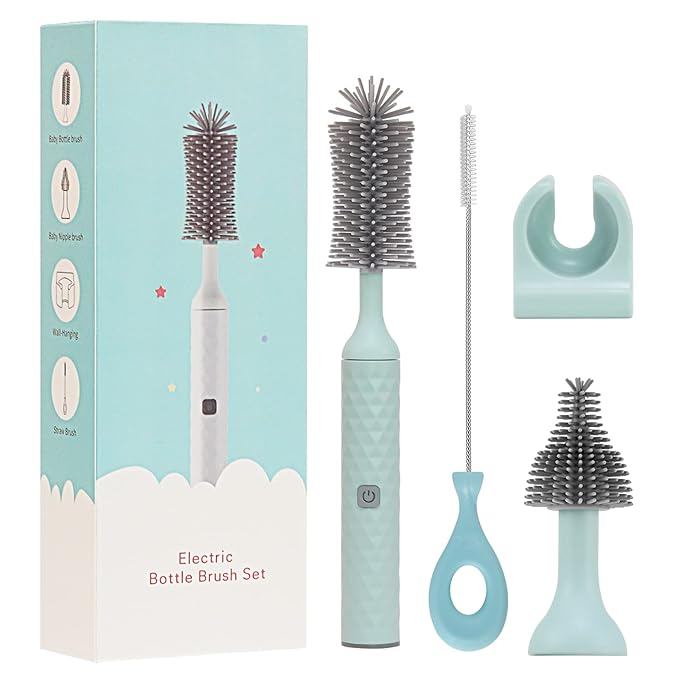 Electric Bottle Brush Set with Electric Silicone Baby Bottle Brush, Nipple Brush,Straw Cleaner Brush, Rechargeable&Waterproof Water Bottle Cleaner Brush, Perfect, Blue