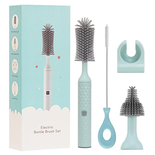 Electric Bottle Brush Set with Electric Silicone Baby Bottle Brush, Nipple Brush,Straw Cleaner Brush, Rechargeable&Waterproof Water Bottle Cleaner Brush, Perfect, Blue