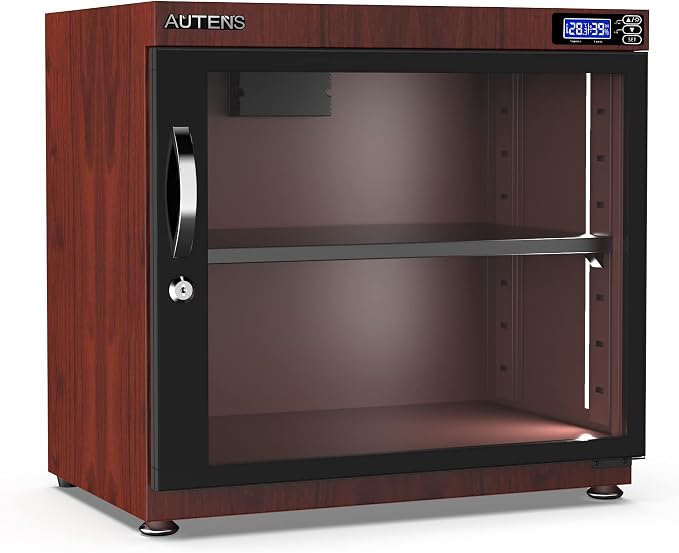 80L Dehumidifying Dry Cabinet Box, Wood grain Design Digital Control Noiseless and Energy Saving, for Camera Lens and Electronic Equipment Storage,Temperature Humidity LED Dual Screen